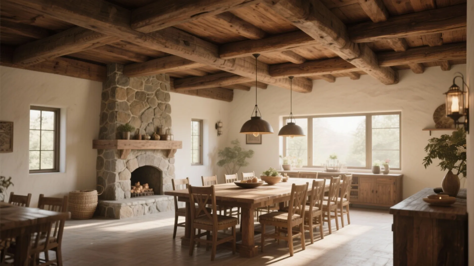 Rustic dining room with exposed wooden beams and pendant lights