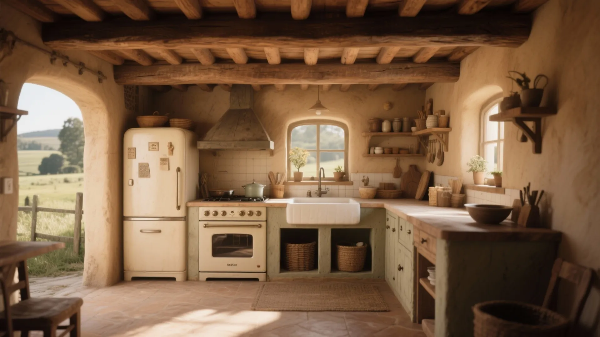 Rustic small kitchen with exposed wooden ceiling beams