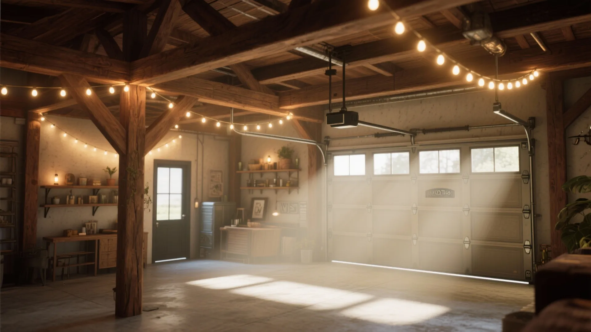 1. Exposed Beams with String Lights