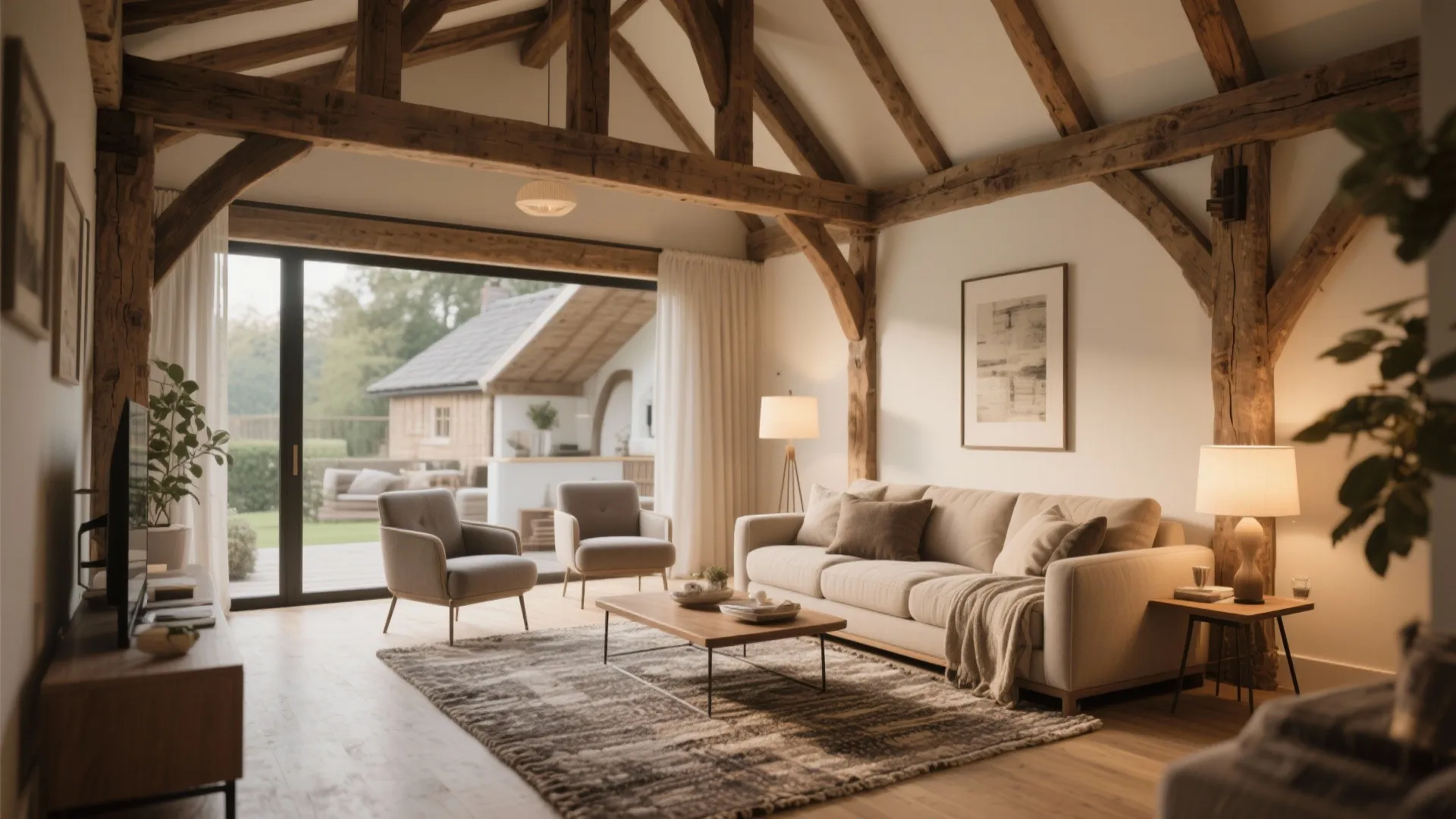 Warm living room featuring exposed wooden ceiling beams beige sofa grey armchairs and a rug