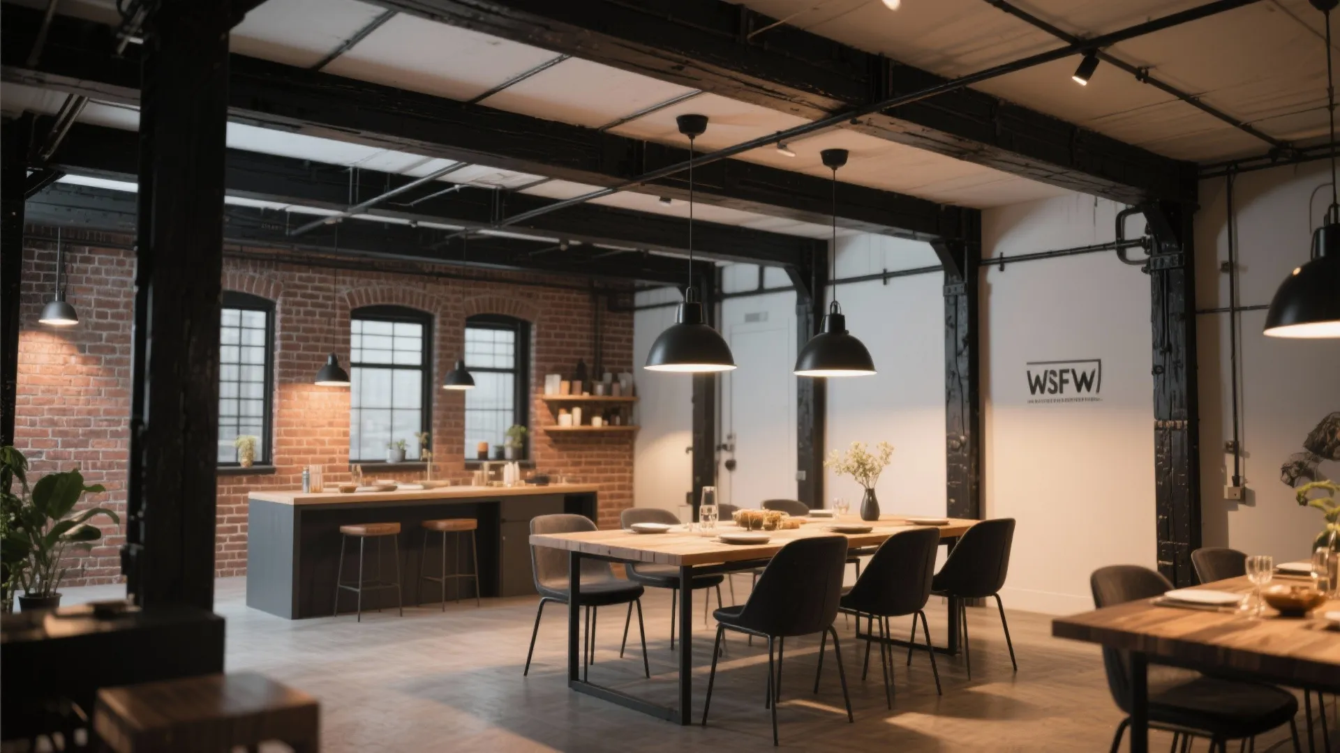 Industrial dining room with exposed black ceiling beams brick wall wooden table and black hanging lights