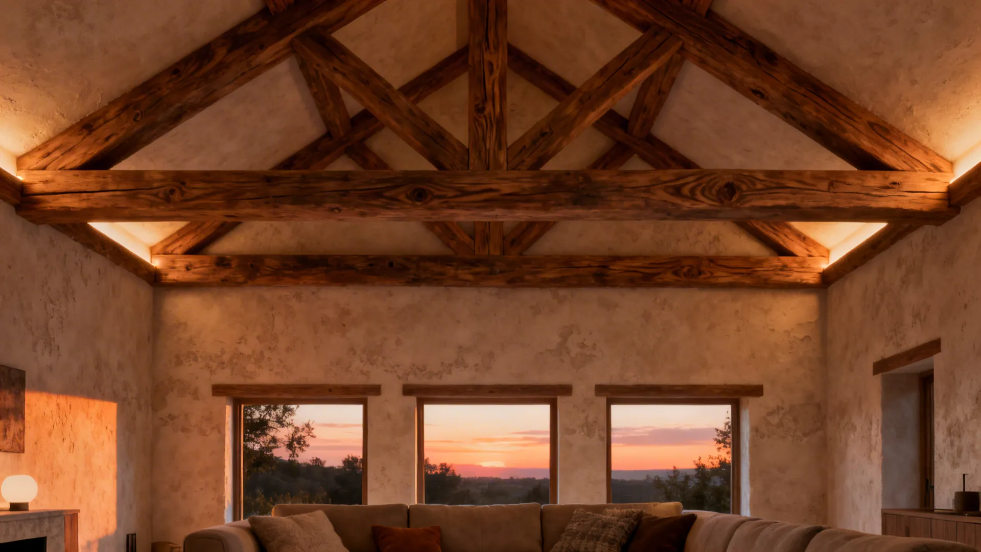 Cozy living room with exposed wooden beams and warm lighting creating rustic character.