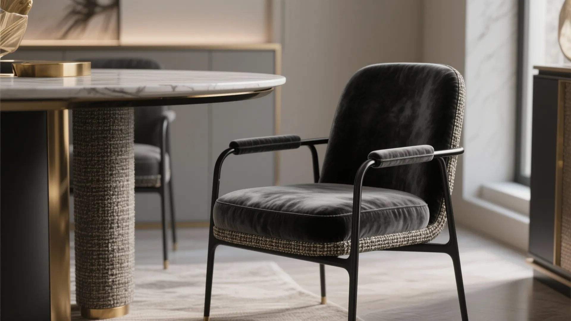 3. Upholstered chairs with exposed black frame for mixed-material interest