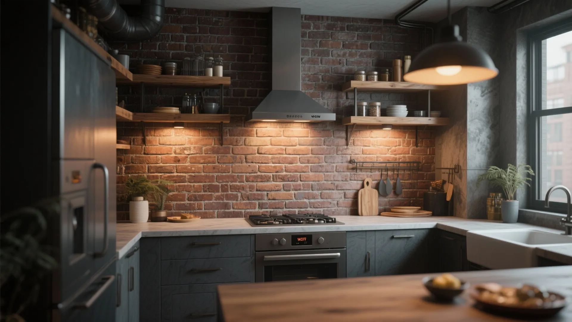 Industrial kitchen with red brick wall, dark grey cabinets, wooden shelves, and modern stove oven