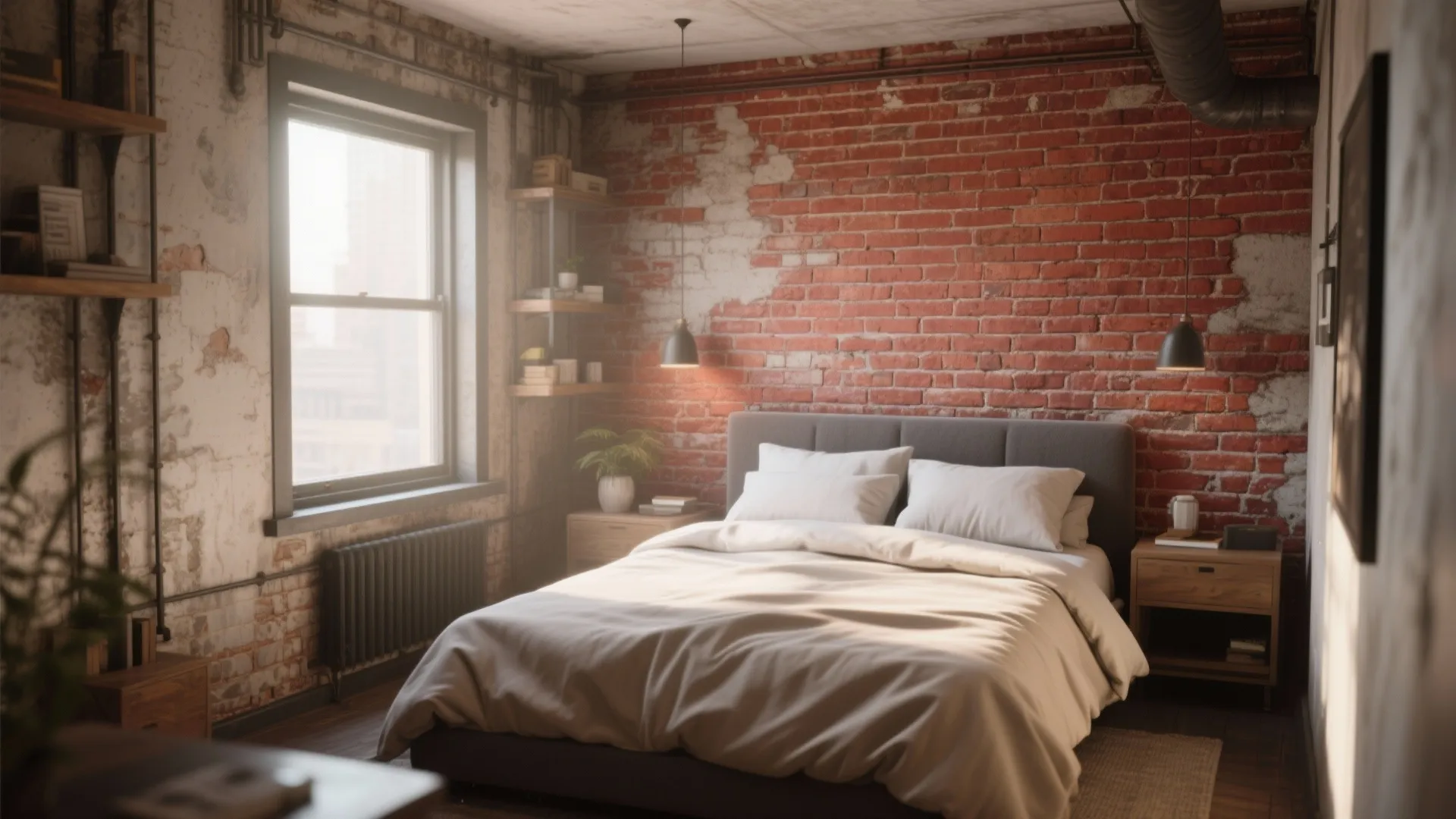Industrial style bedroom with red brick wall large window wooden nightstands and hanging light fixtures