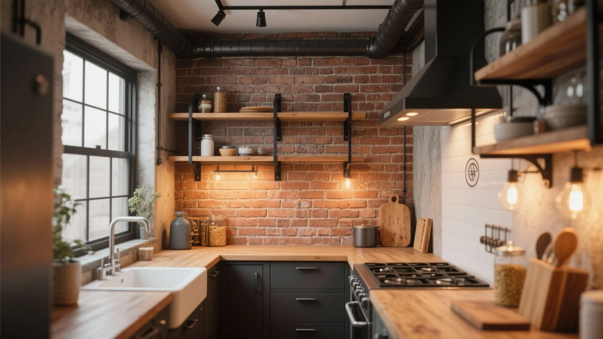 Small kitchen with warm exposed brick accent wall