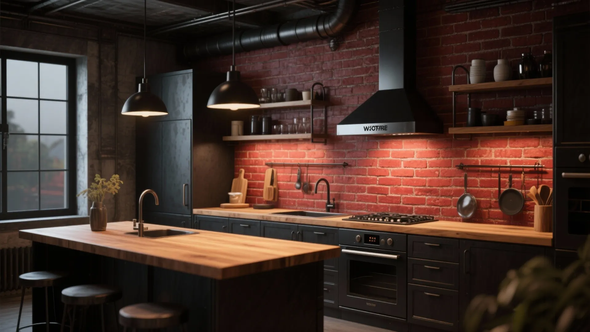 Industrial kitchen with exposed brick accent wall