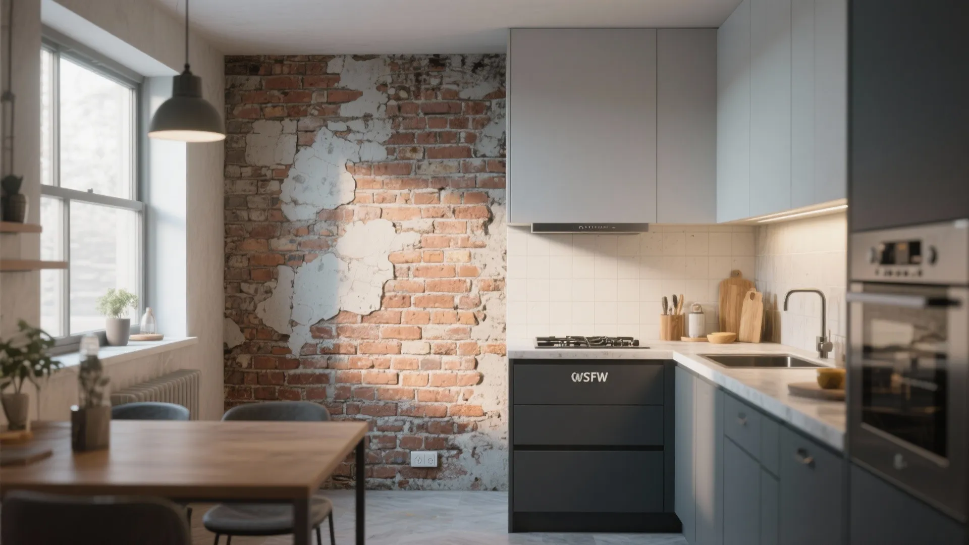 Compact kitchen with an exposed raw brick feature wall