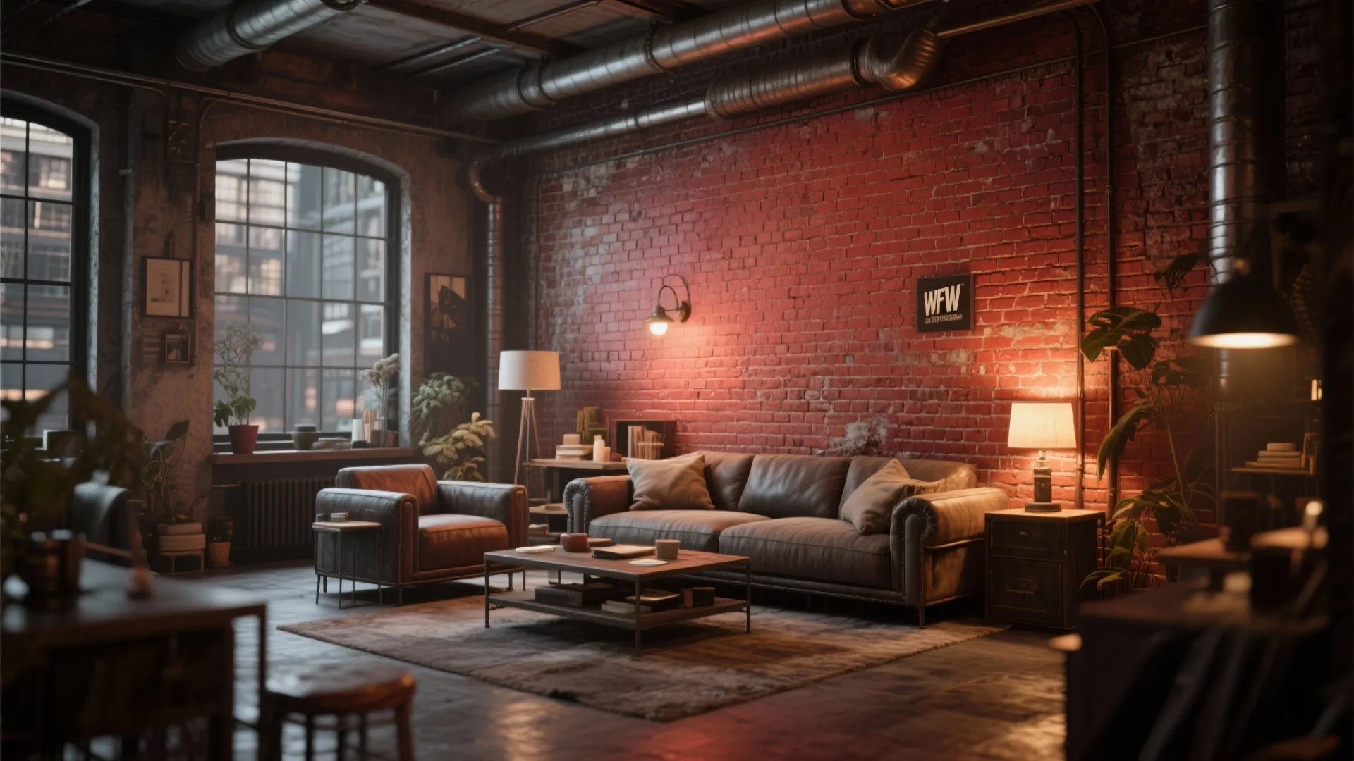 Industrial loft living room with a large exposed brick wall