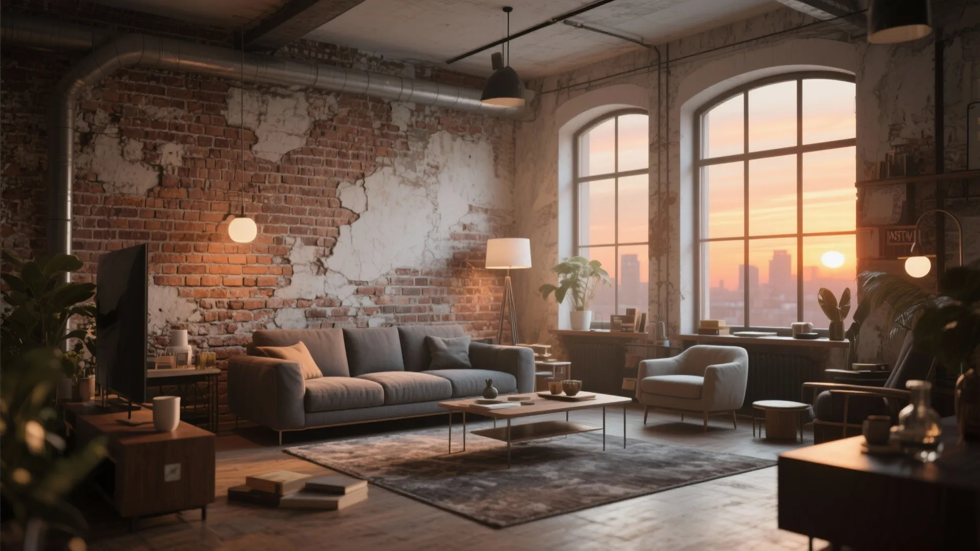 Industrial living room with exposed brick wall grey sofa wood floor and large arched windows