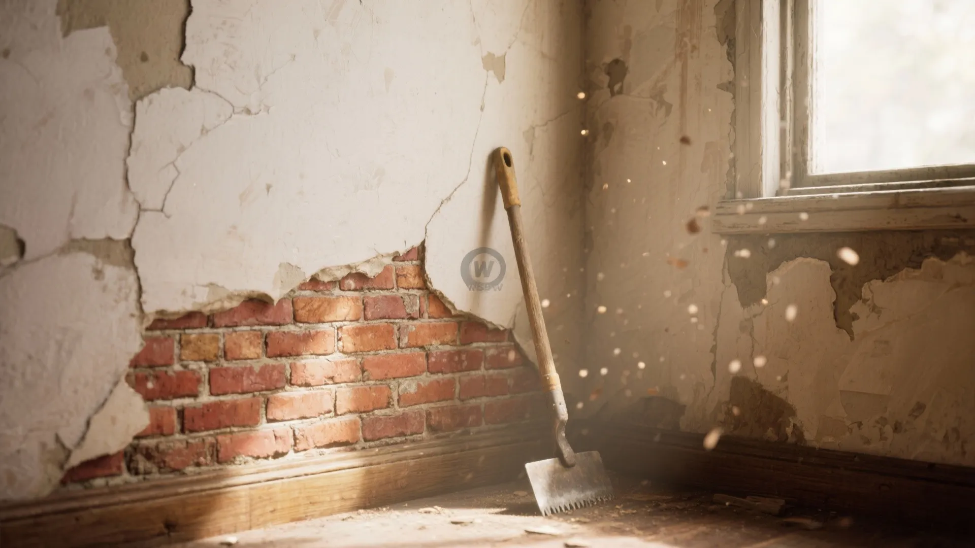 Metal scraping tool leaning against a damaged wall showing exposed red bricks and natural light