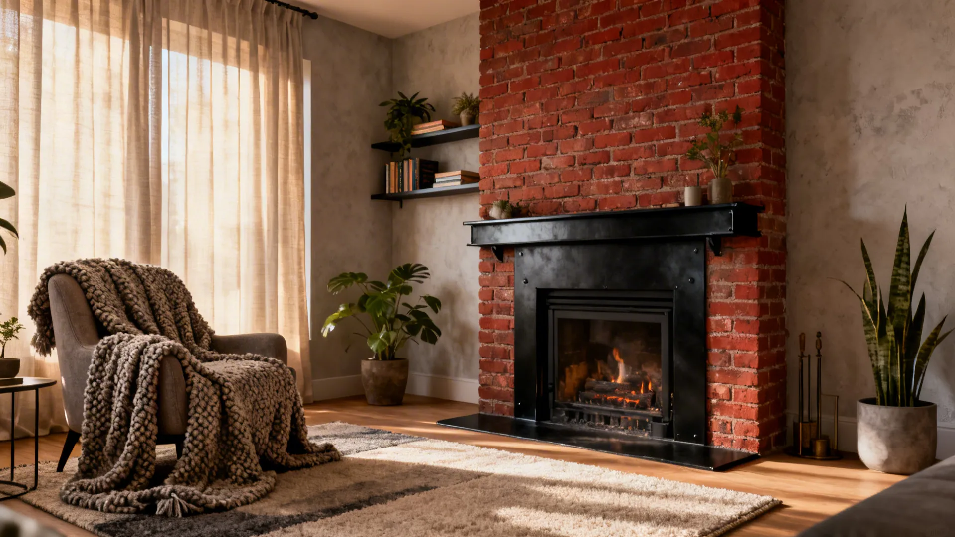 Compact living room with original exposed red brick fireplace, layered textiles and matte-black mantel.