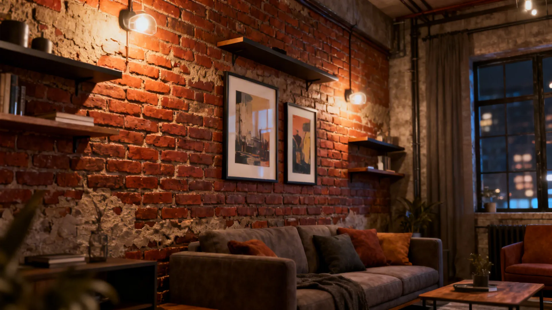Urban loft corner with exposed red brick accent wall and floating shelves.