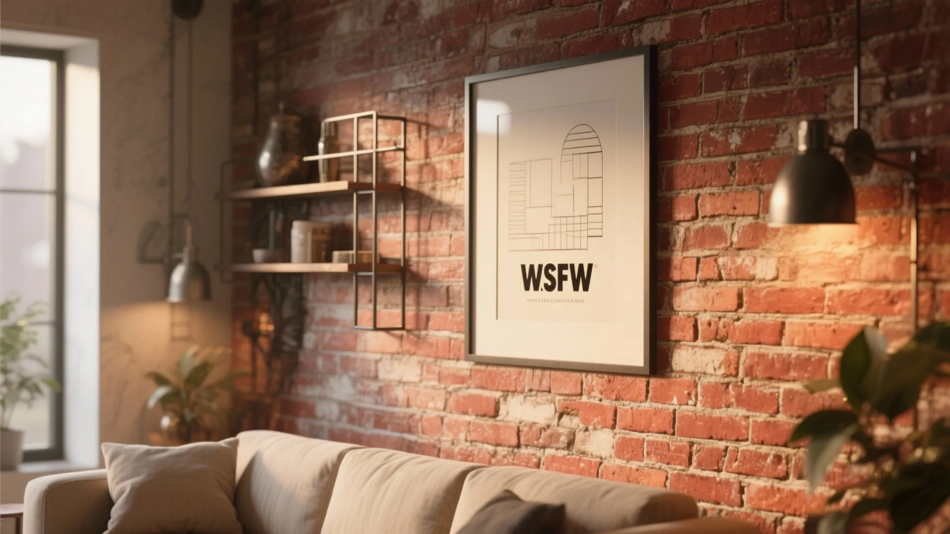 Modern wall art frame hanging on exposed red brick wall beside sofa and wall light