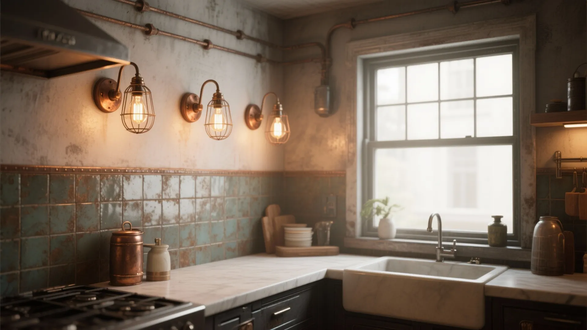 2. Combine exposed bulb fixtures with warm finishes