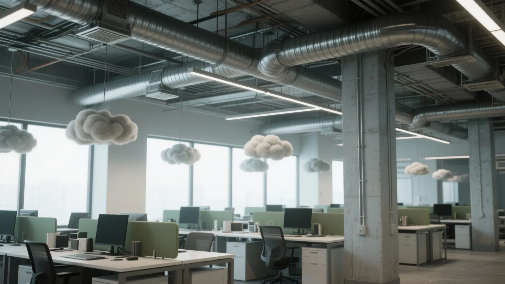 [
  {
    "url": "https://coohom-biz-sg-s3.coohom.com/ins/static/article/exposed-clouds-1759205543179812100.jpg",
    "alt": "Modern office with white desks, green dividers, monitors, exposed pipes, and creative cloud ceiling lights"
  }
]