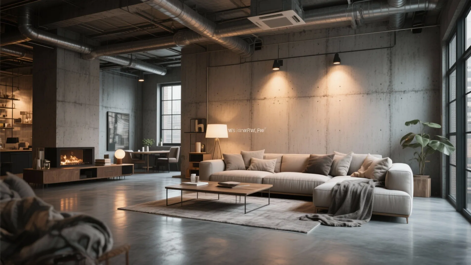 Industrial modern living room with exposed concrete walls