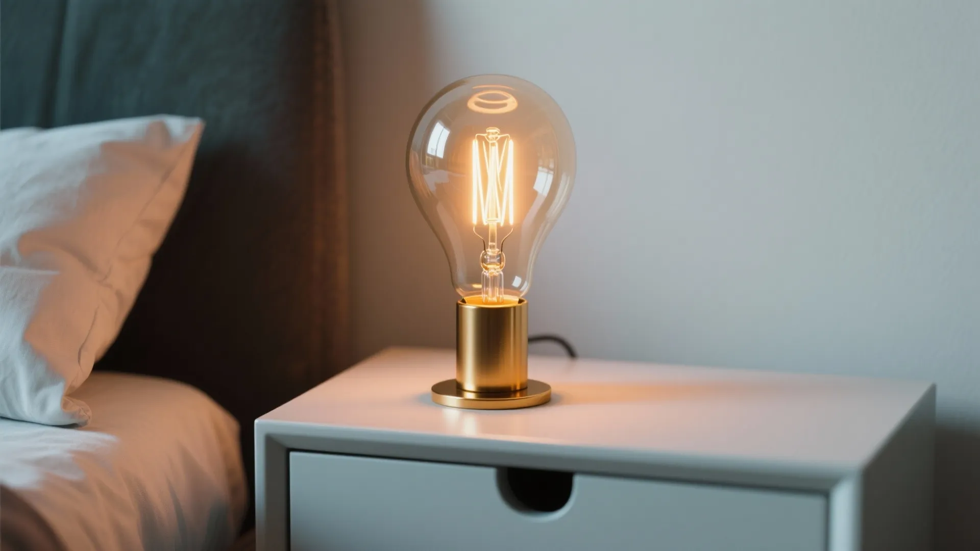 Large exposed Edison bulb on a slim brass base glowing warmly on a narrow bedside table.