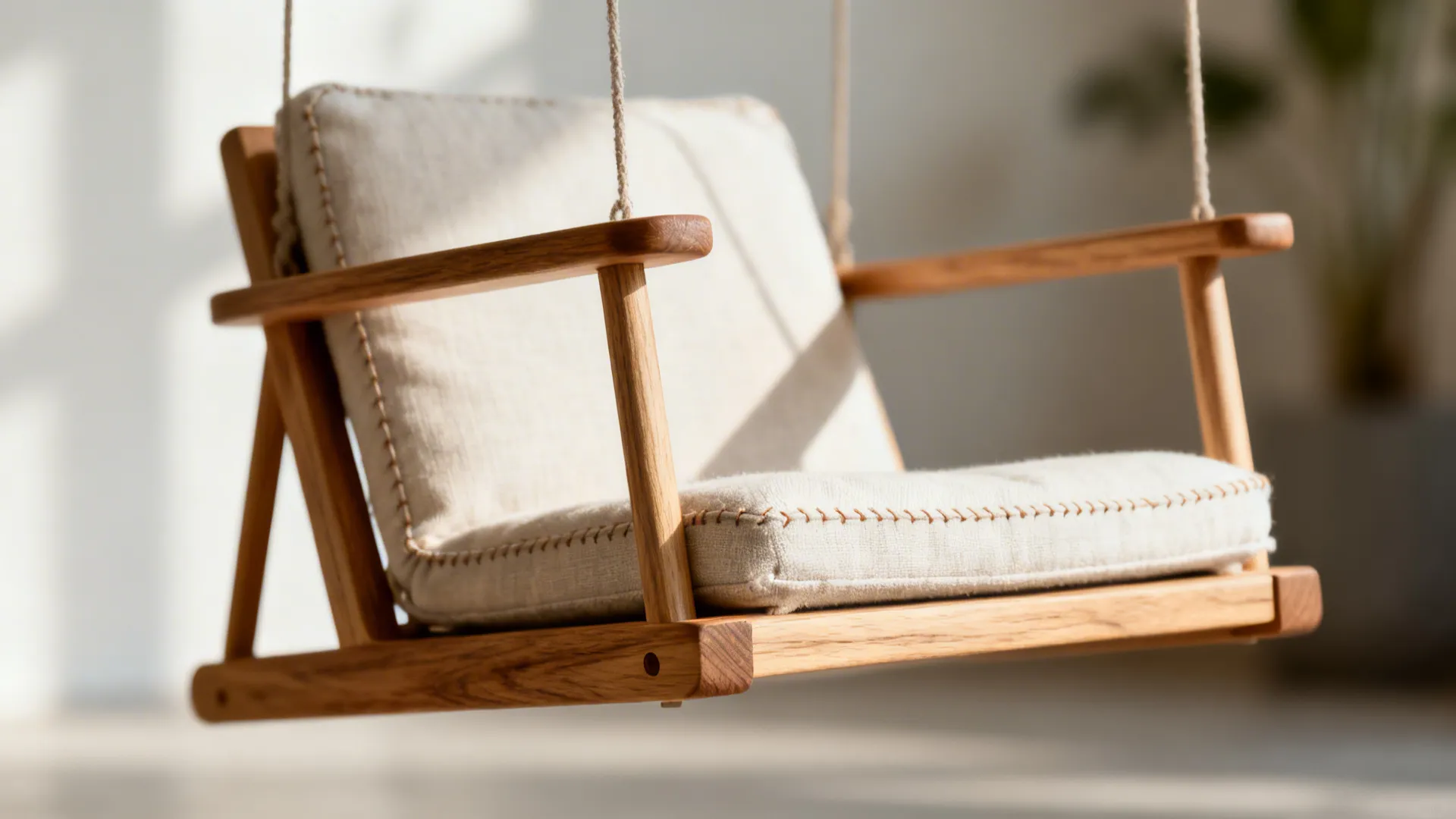 Close-up of a petite lounge chair with exposed wood frame and suspended upholstery showing joinery and texture.