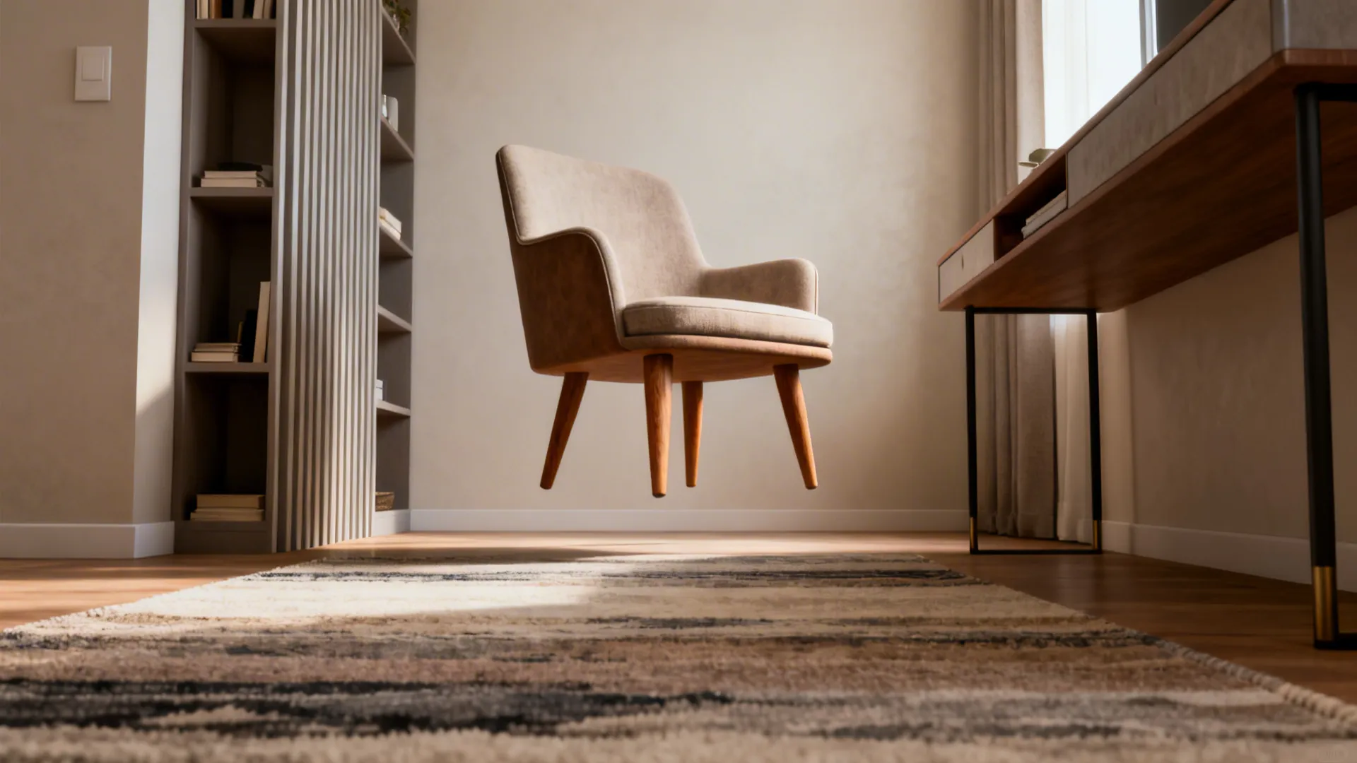 Accent chair with exposed legs creating a floating effect in a compact living room.