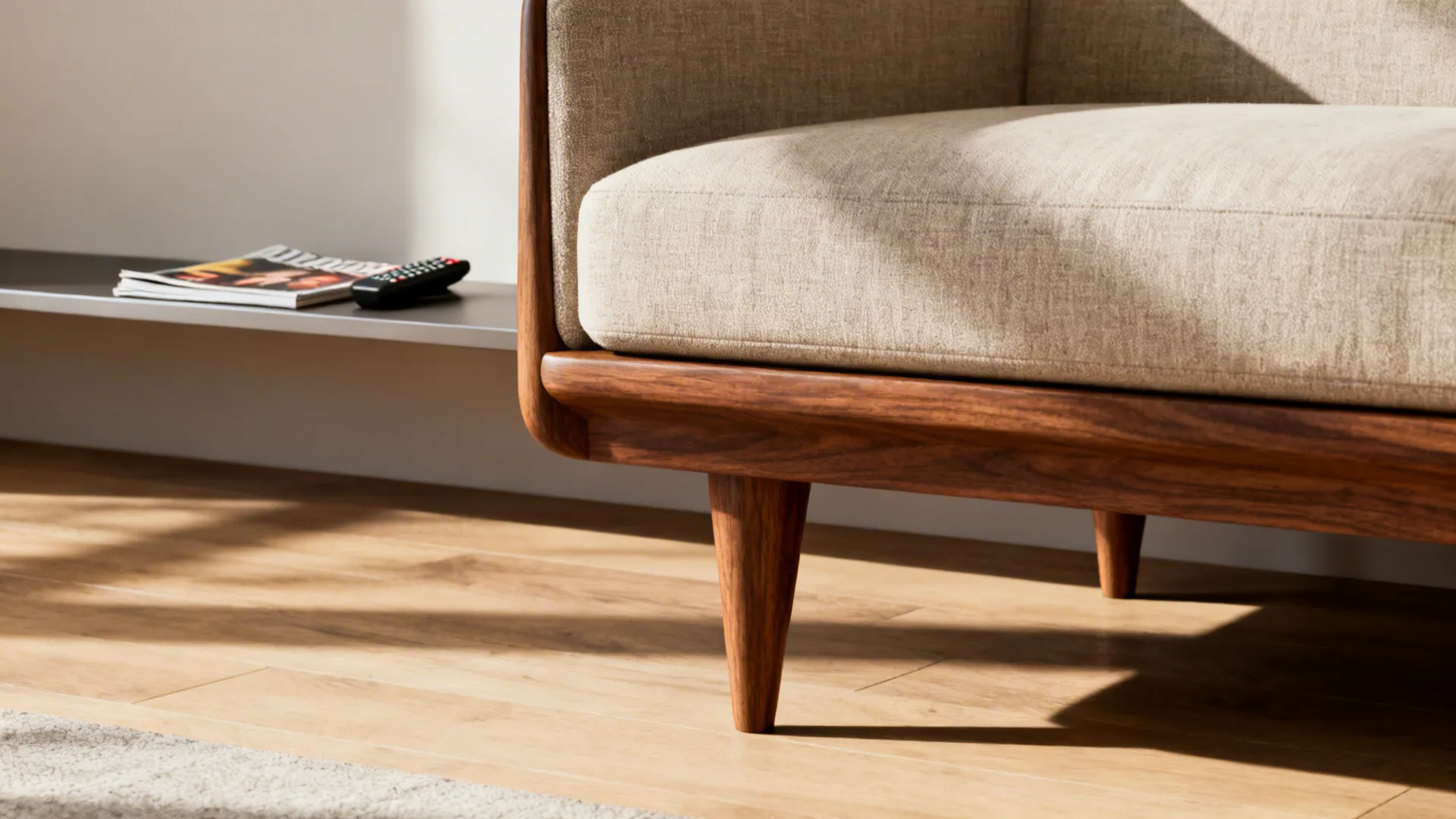Close-up of a mid-century sofa with tapered wooden legs and a slim floating shelf behind it.