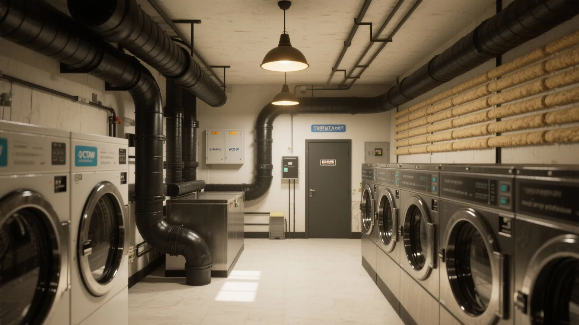 Industrial laundry room with white washing machines black ceiling pipes grey metal door and hanging lights