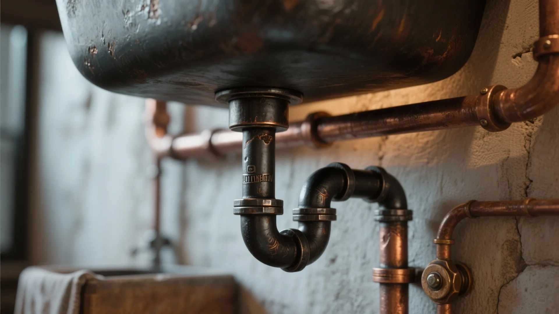 Detailed view of rustic copper piping under a bathroom sink