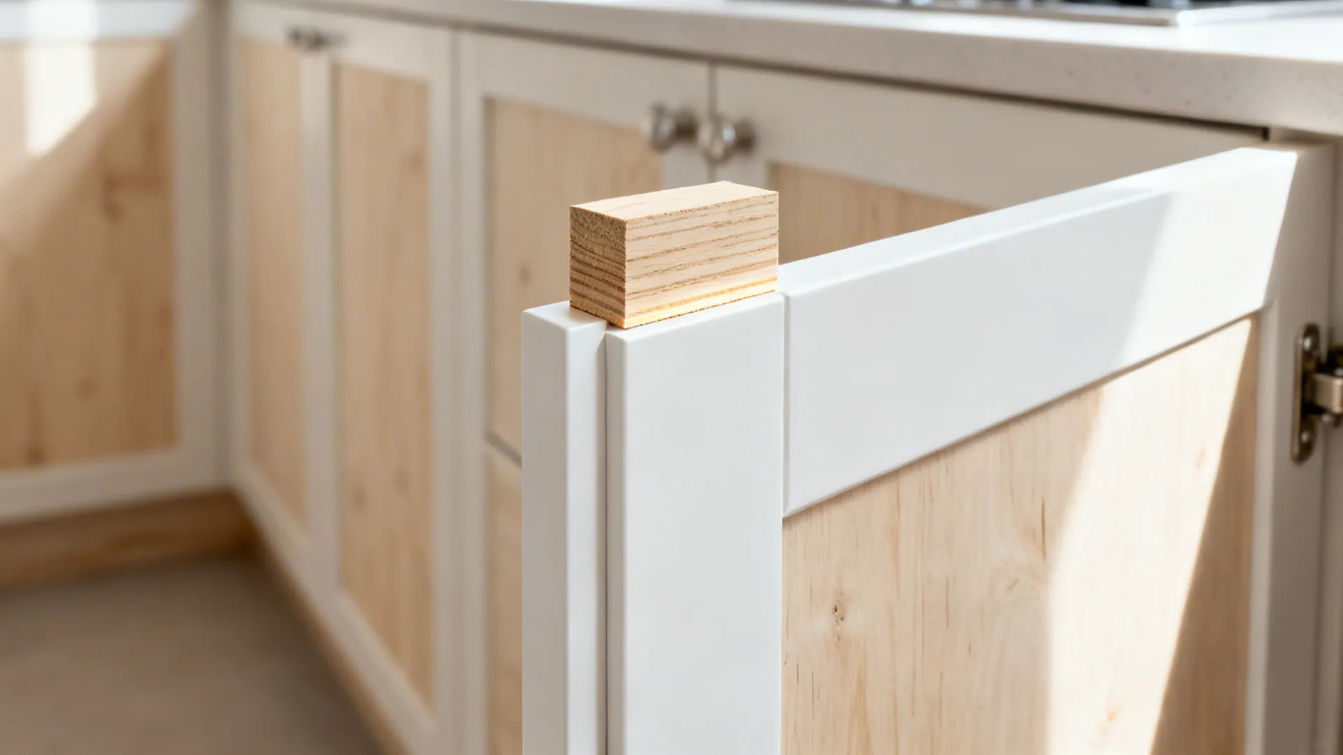 Close-up of a birch plywood door with a slim matte frame and a proud exposed layered edge.