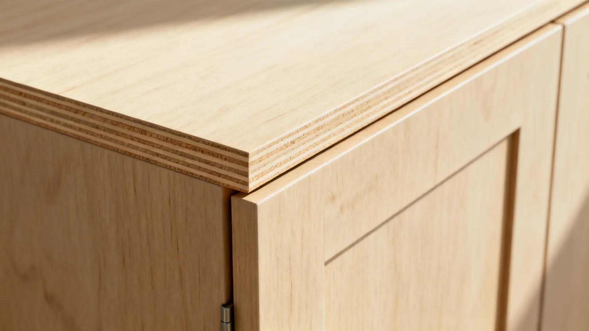 Close-up of a matte birch plywood cabinet door showing clean exposed layers and flush edges.