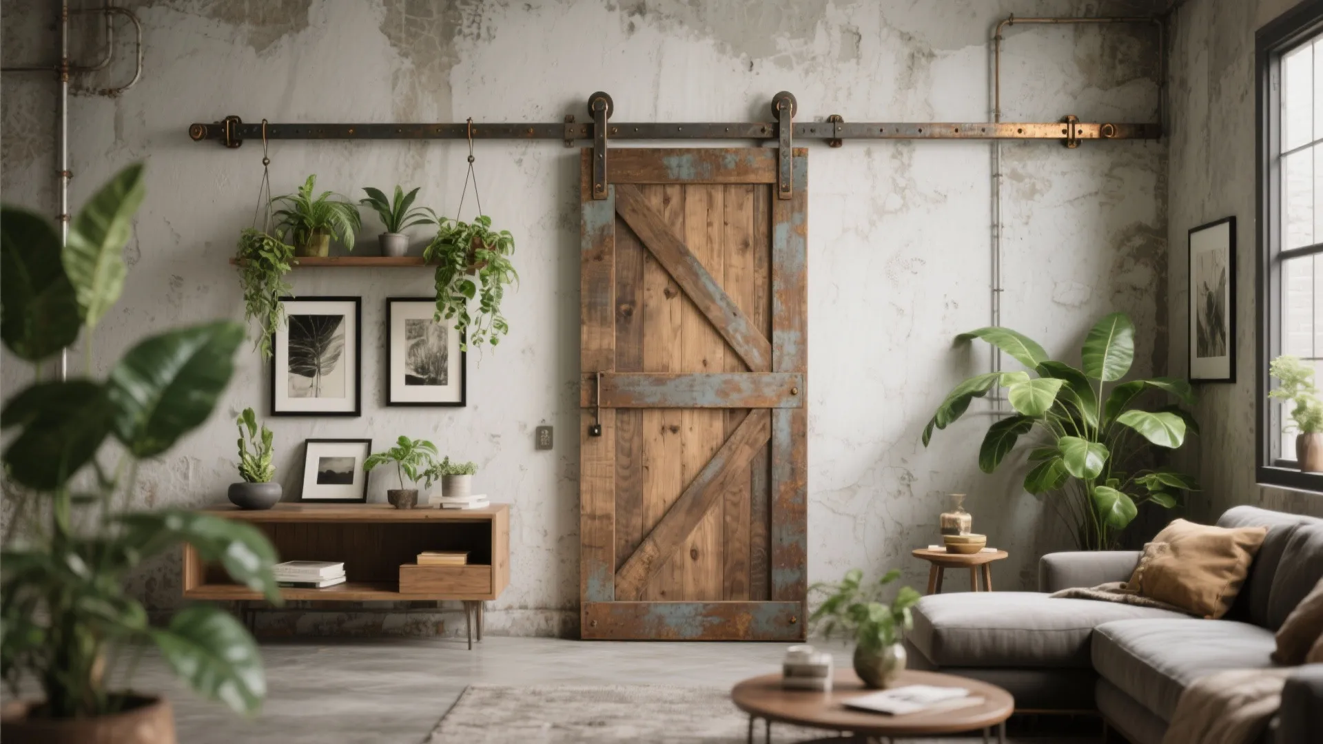 Surface-mounted barn door track repurposed as a display rail with hanging plants and art in a living space.