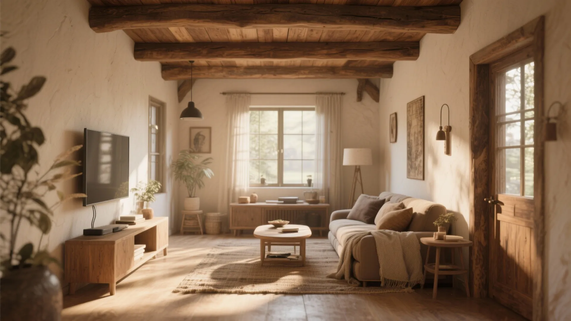 Bright living room with heavy wood beams, television, cozy sofa, wooden cabinet, and natural light
