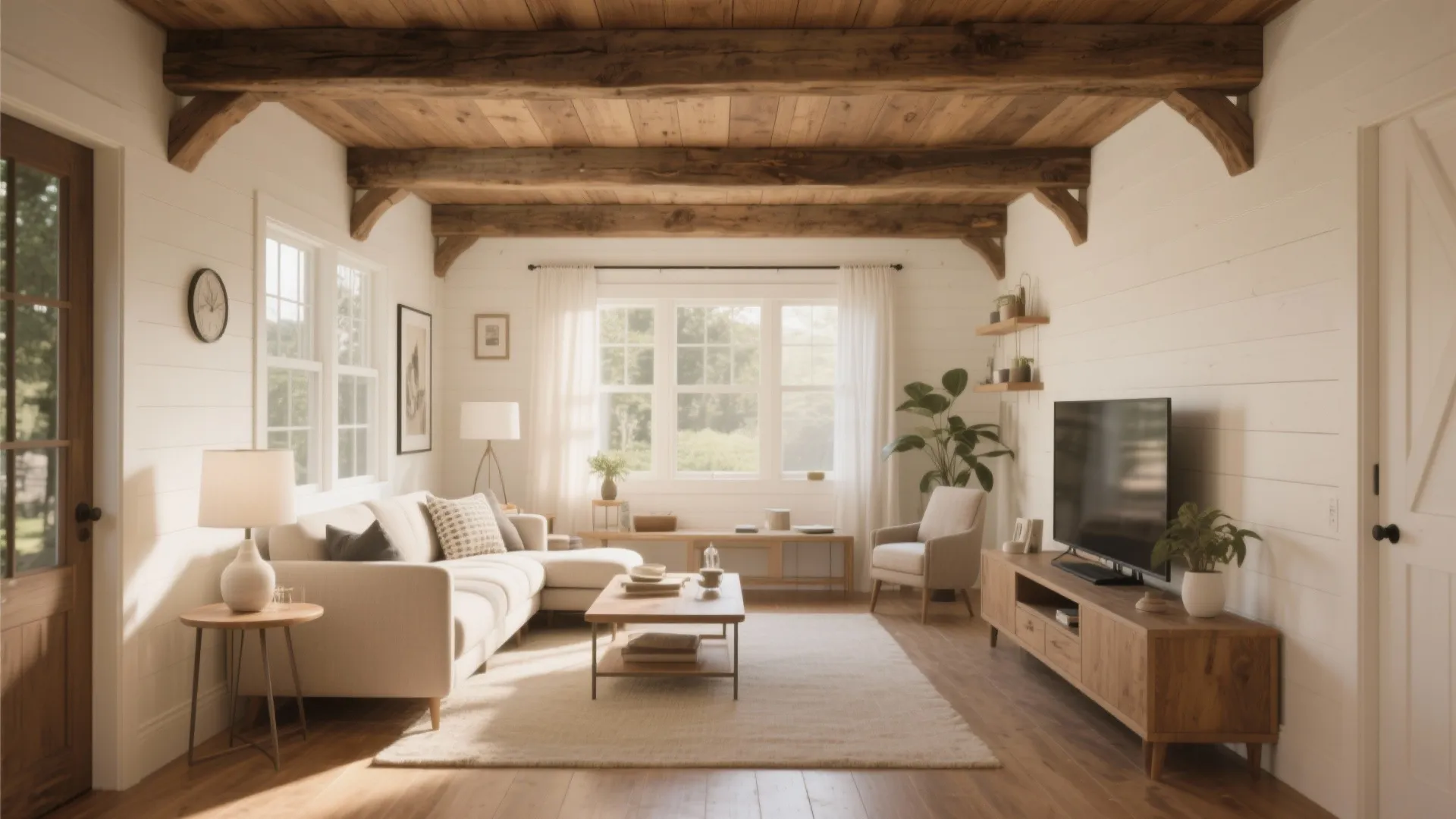 Rustic living room featuring exposed wood ceiling beams white walls beige sofa wooden cabinet window