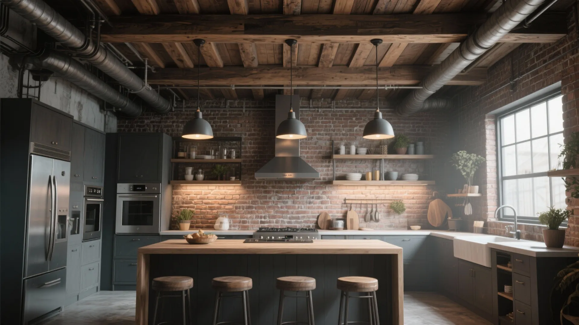 Industrial kitchen with red brick walls and large wood beams and grey metal light fixtures