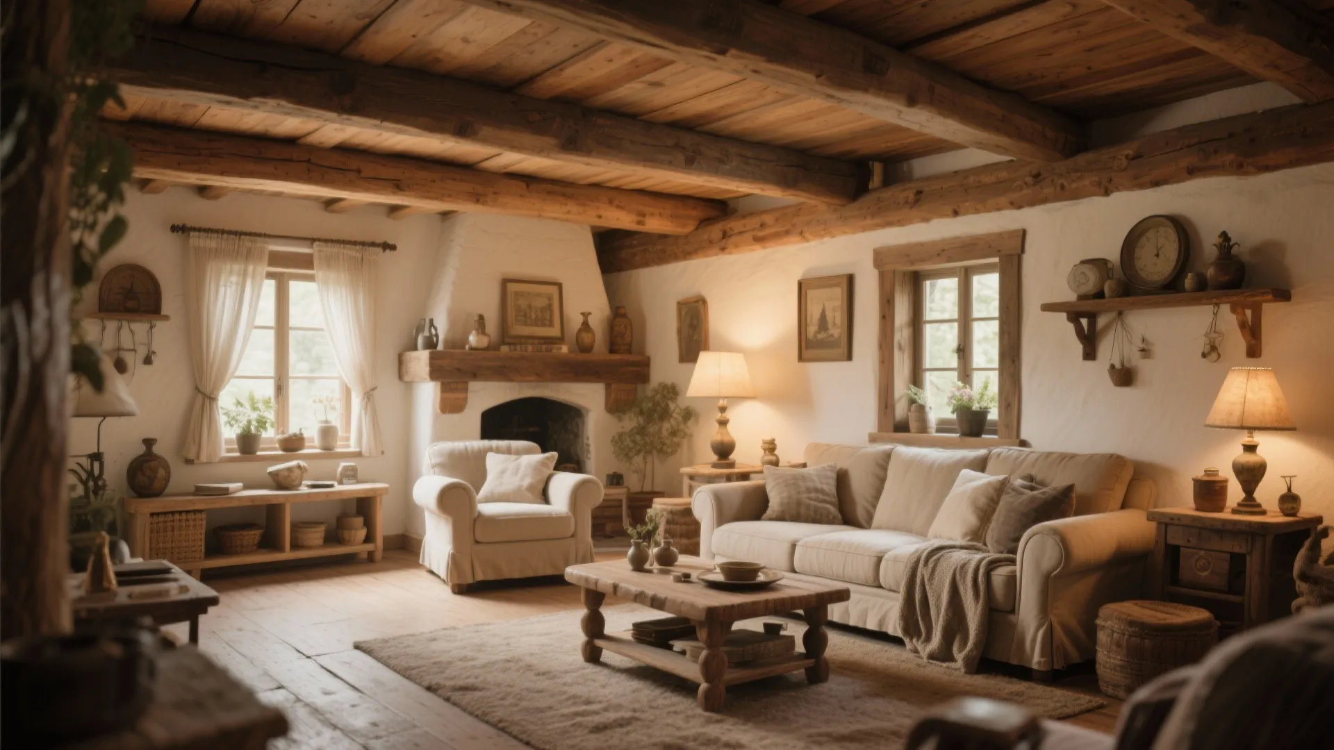 Rustic living room featuring exposed wooden ceiling beams a beige sofa and a stone fireplace