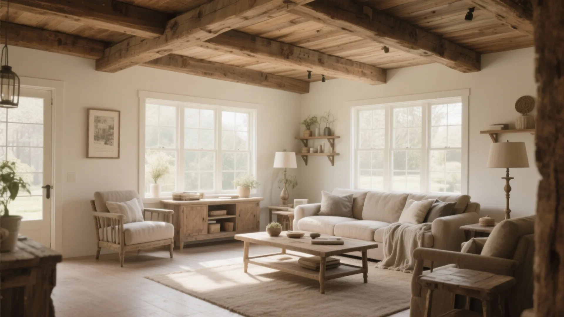 Spacious living room with exposed wooden ceiling beams large windows and rustic wooden coffee table furniture