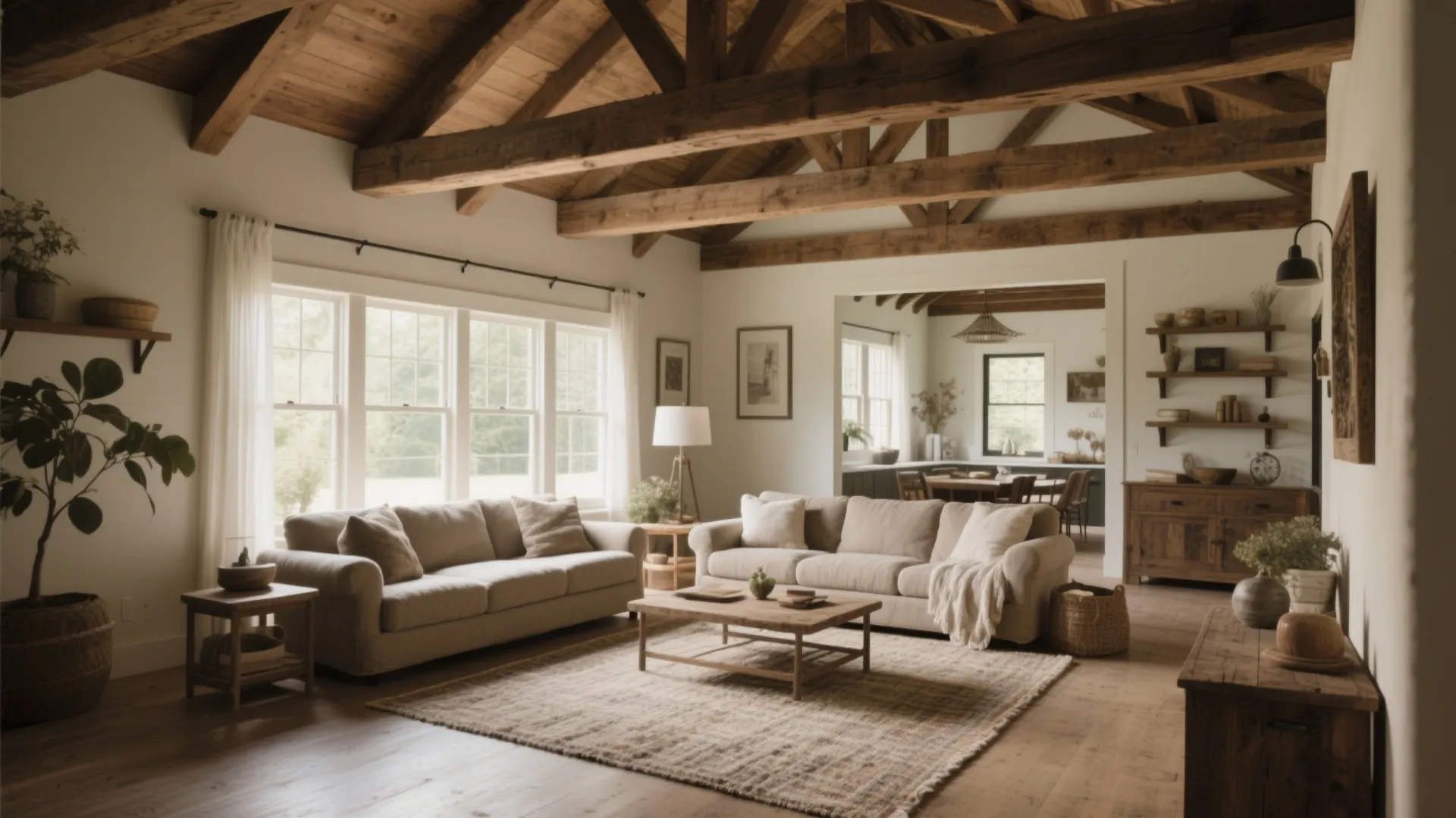 Living room with exposed wood ceiling beams beige sofas wooden coffee table and large windows view