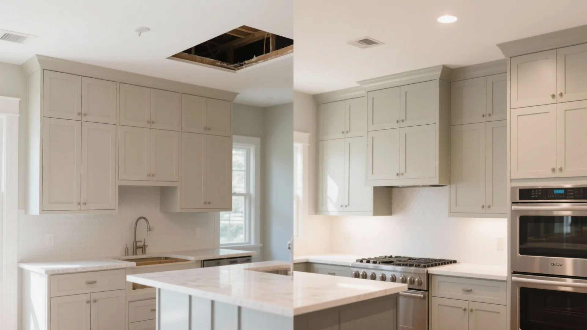 Before and after comparison of kitchen cabinets extended to the ceiling