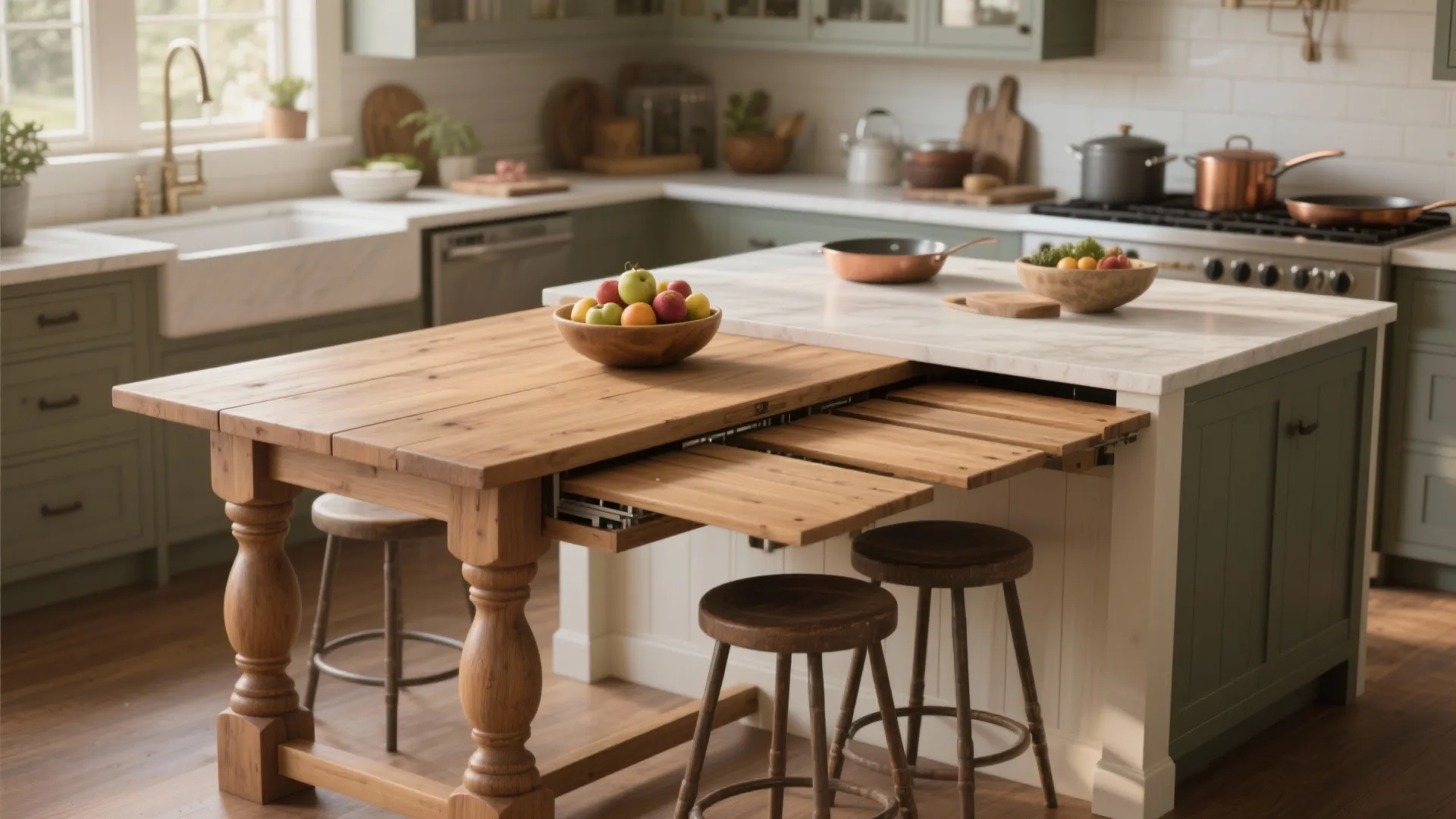Extendable farmhouse table that doubles as prep island