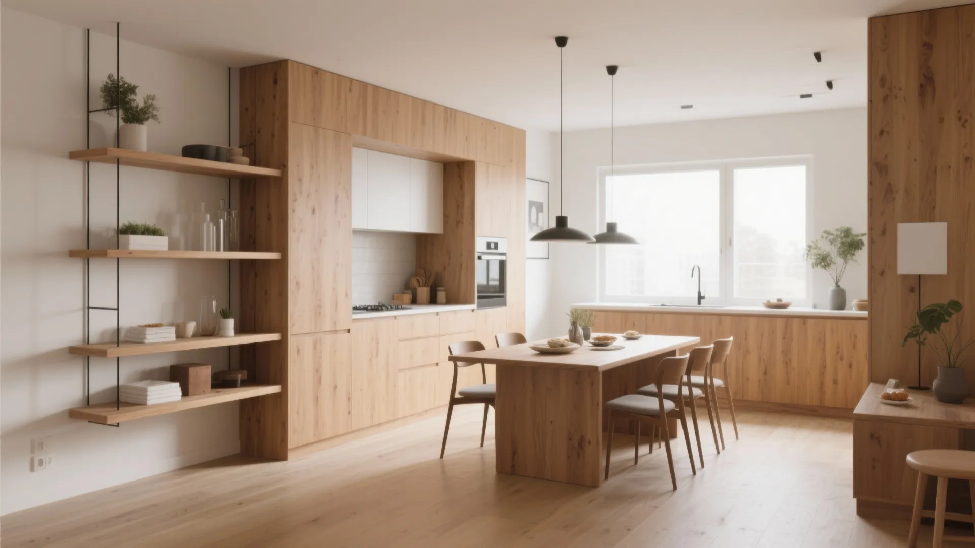 Modern wooden kitchen interior design with dining table chairs open shelves and built in cabinet