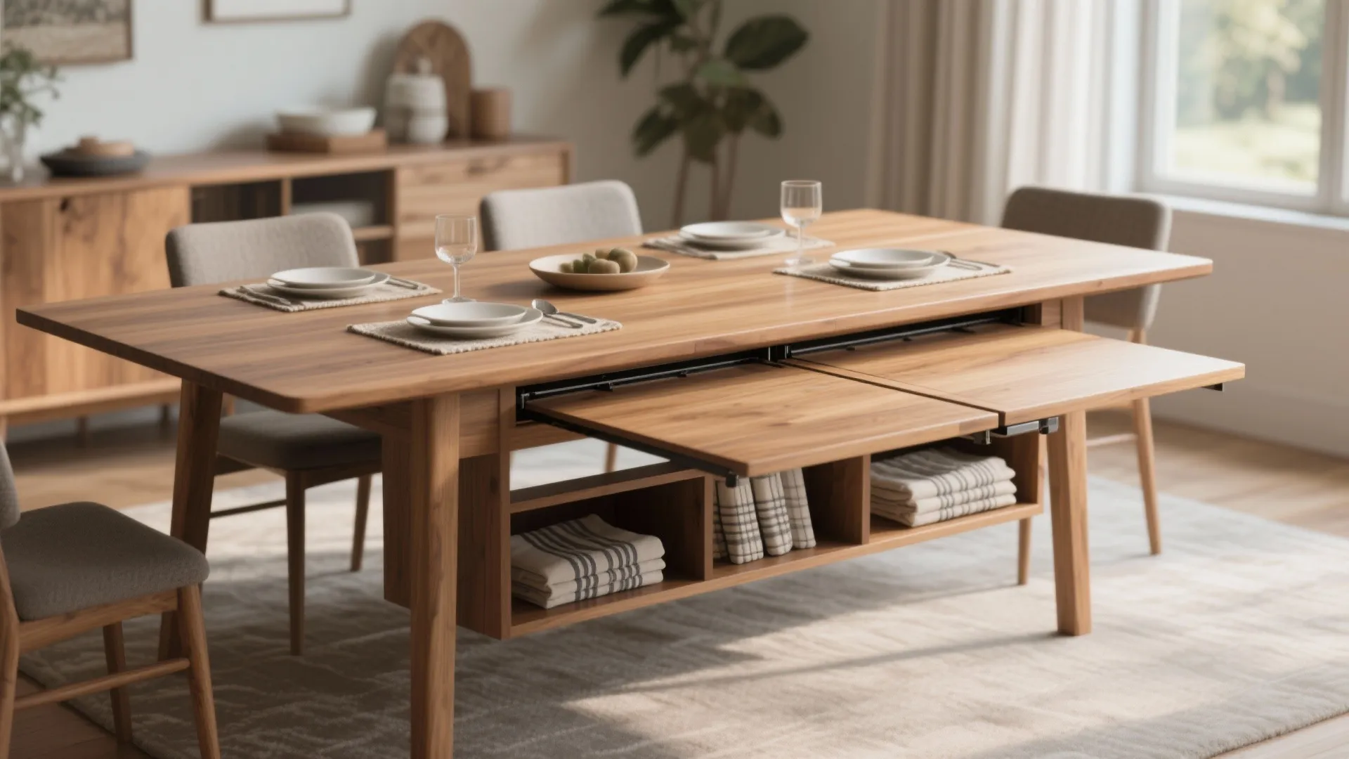 Extendable drop leaf table with built-in shelves storing placemats and napkins, shown extended for dining.