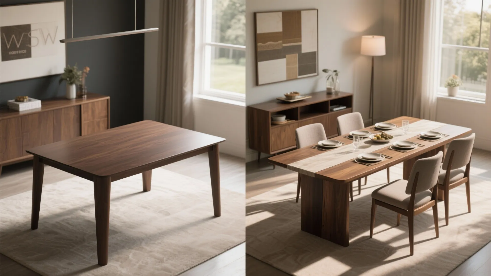 Before and after comparison of a simple wooden table versus a decorated dining room table setup