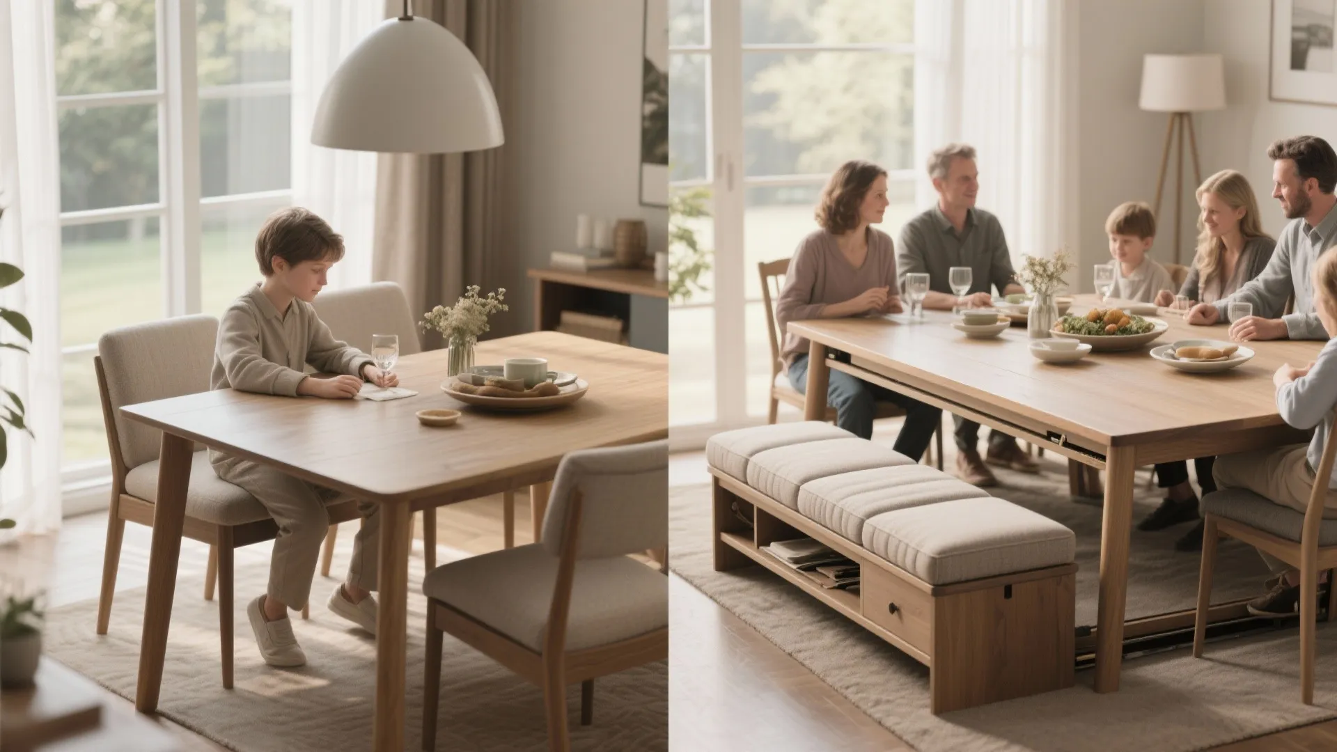 Side by side comparison of small dining table and large extended table seating a family