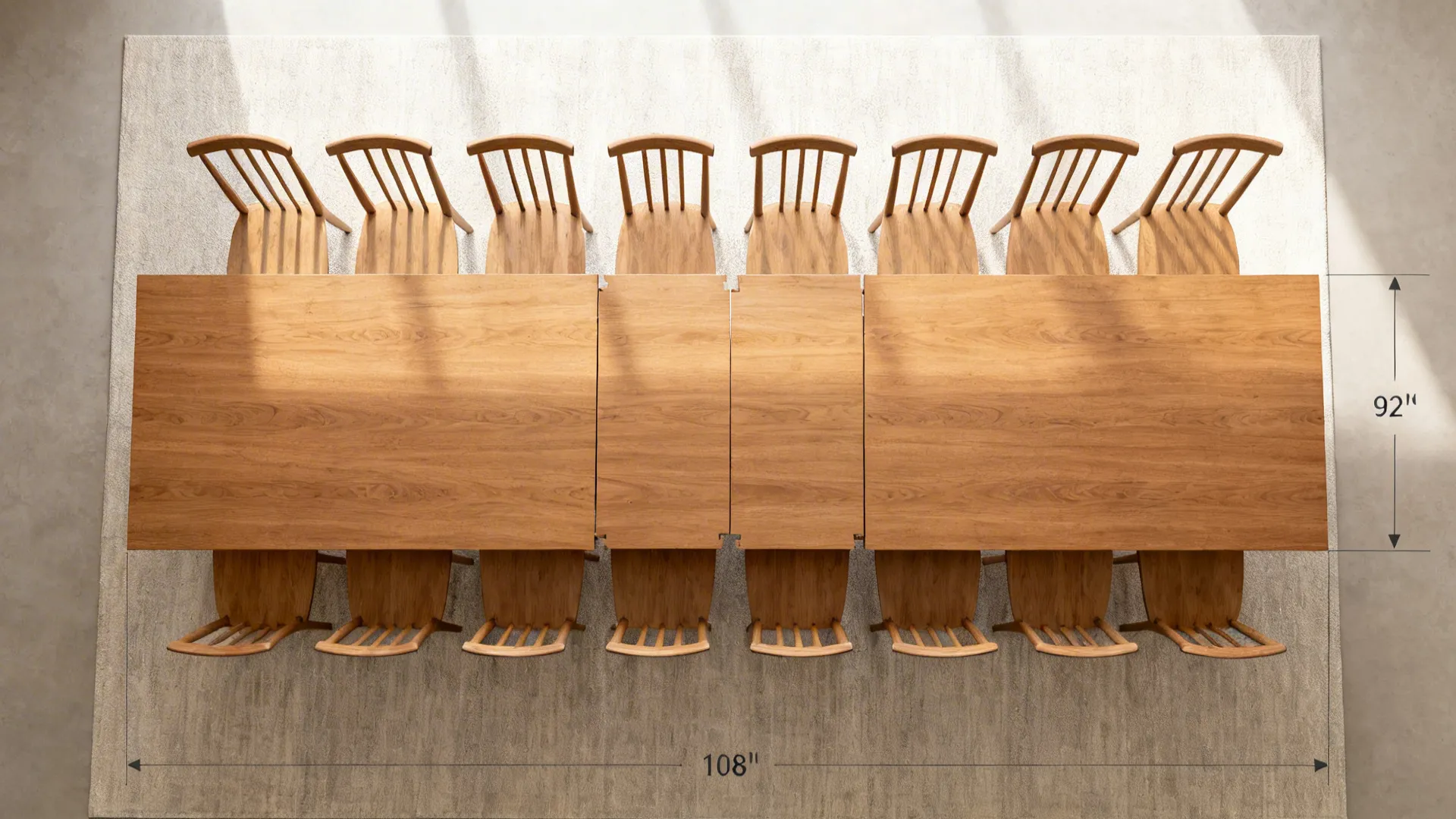 Top-down view of an extendable rectangular table with leaves and seating plan for ten with clear circulation.
