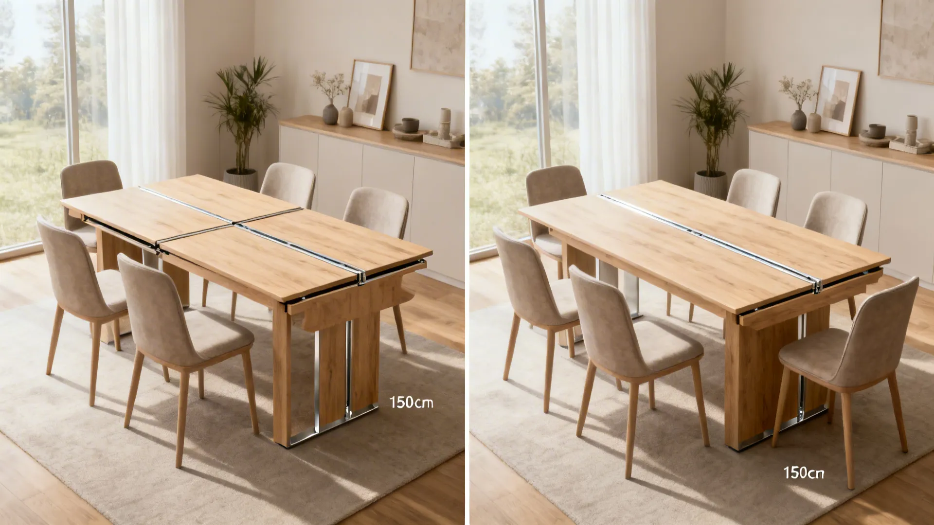 Extendable dining table shown closed for four and extended for six in the same room.