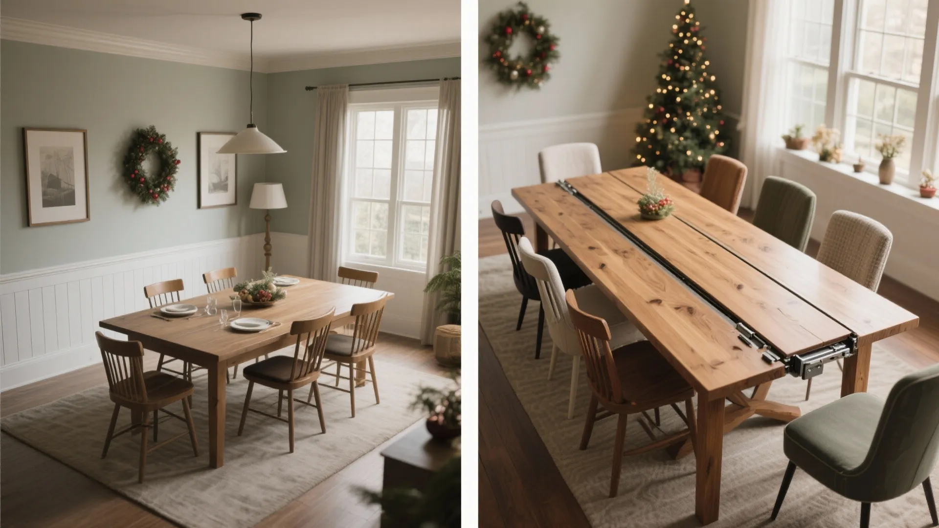 Before and after comparison of a wooden dining table showing its standard and fully extended lengths
