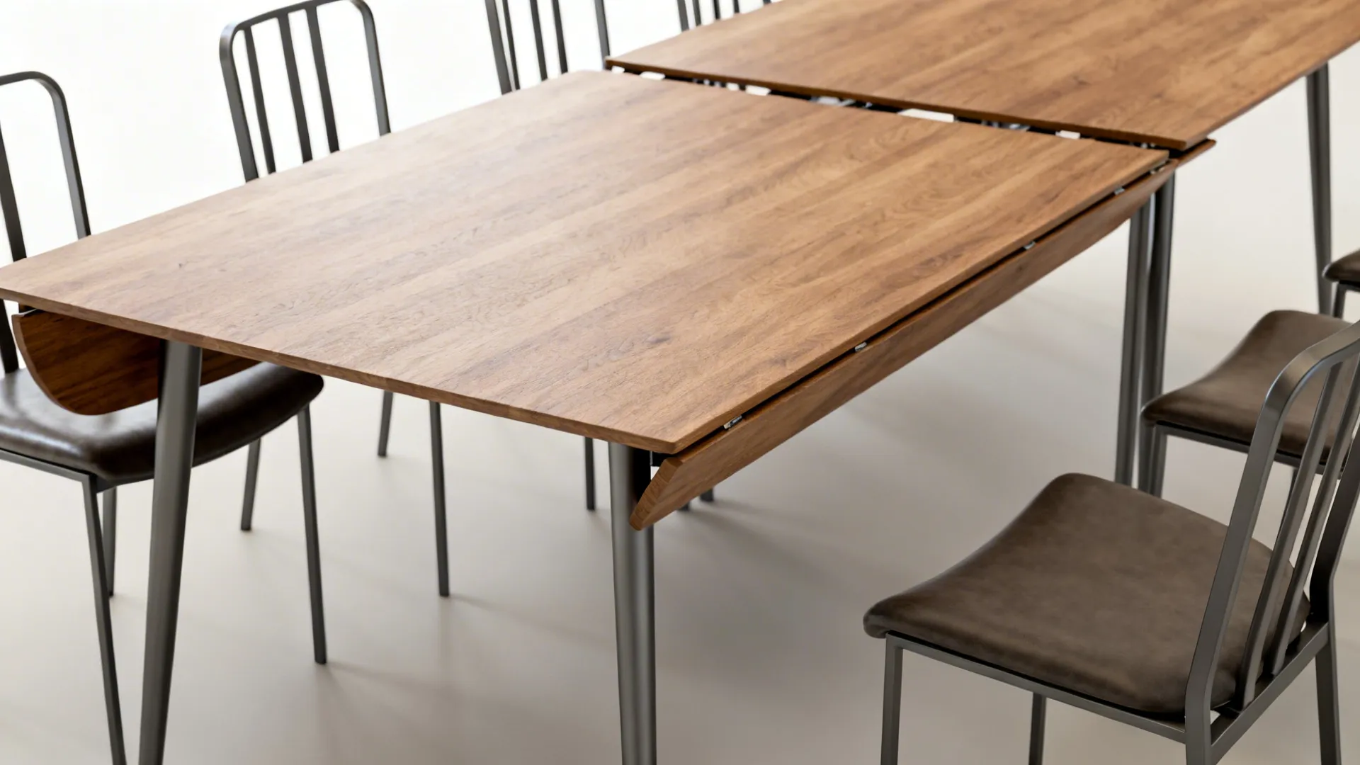 Extendable dining table shown in compact six-seat mode and fully extended for holidays.