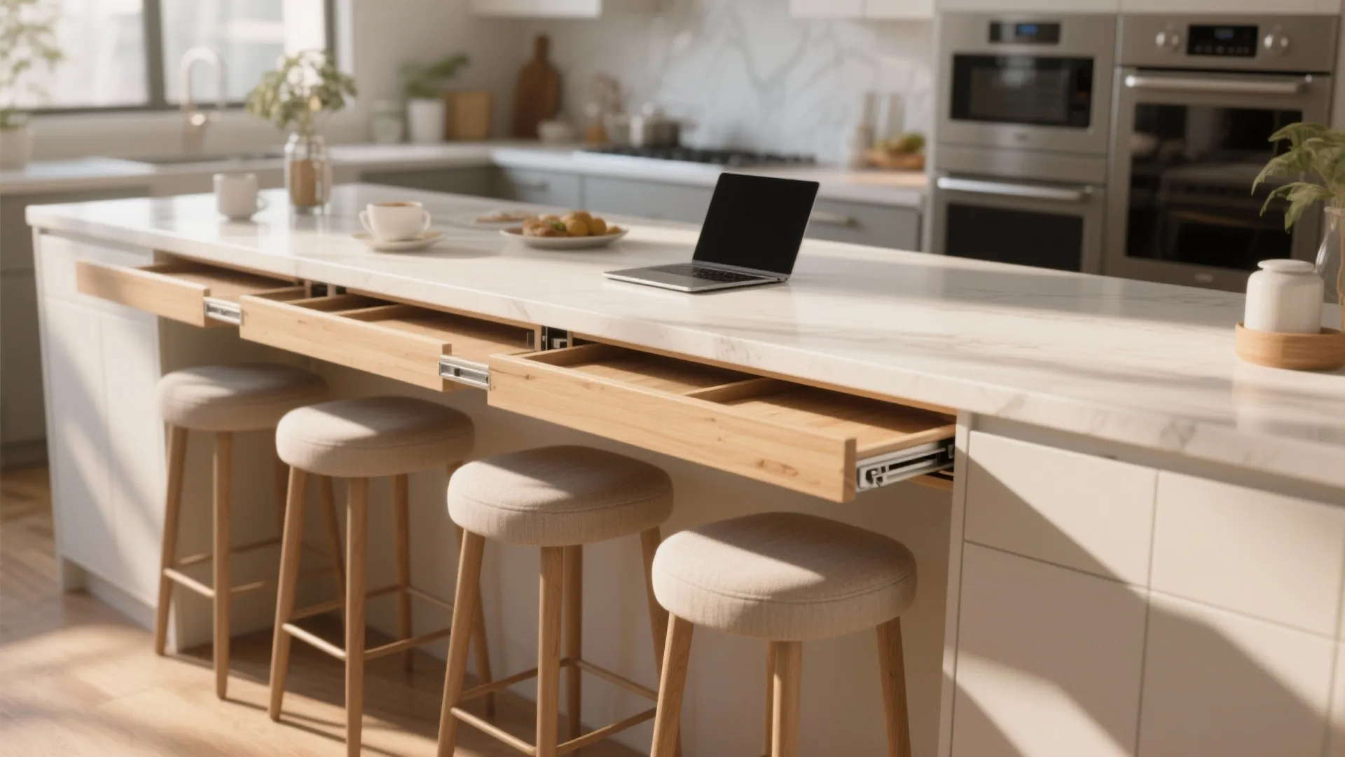 Modern white kitchen island with pull out wooden drawers stools laptop and built in oven