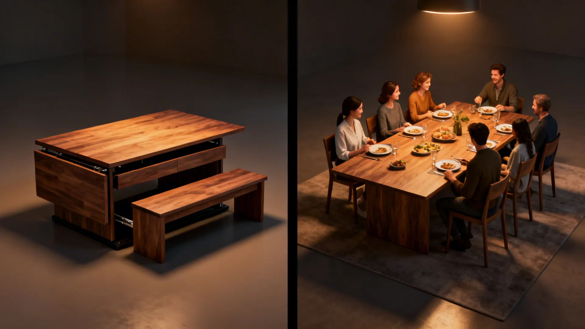Comparison showing a small wooden table with bench extending into a large dining room setup