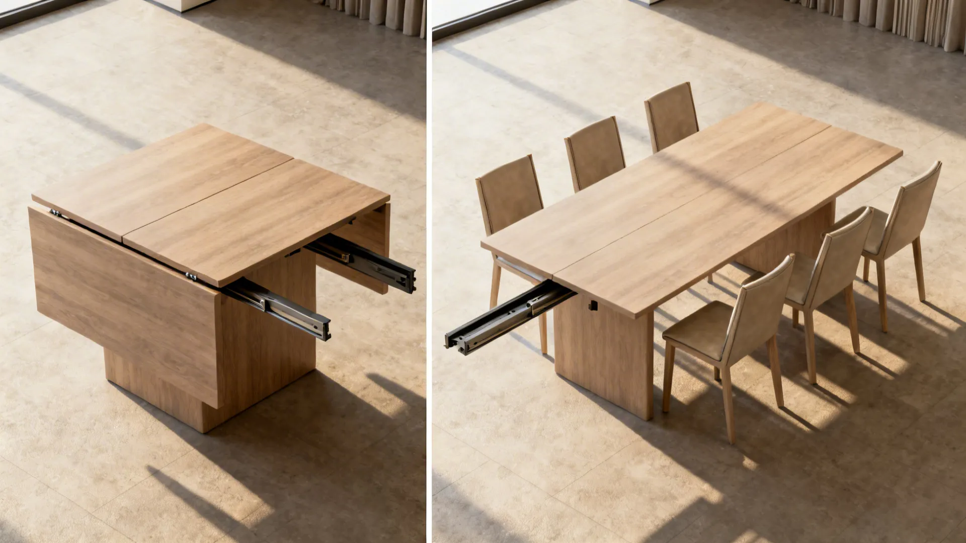 Before and after view of an extendable table compact and fully extended for guests