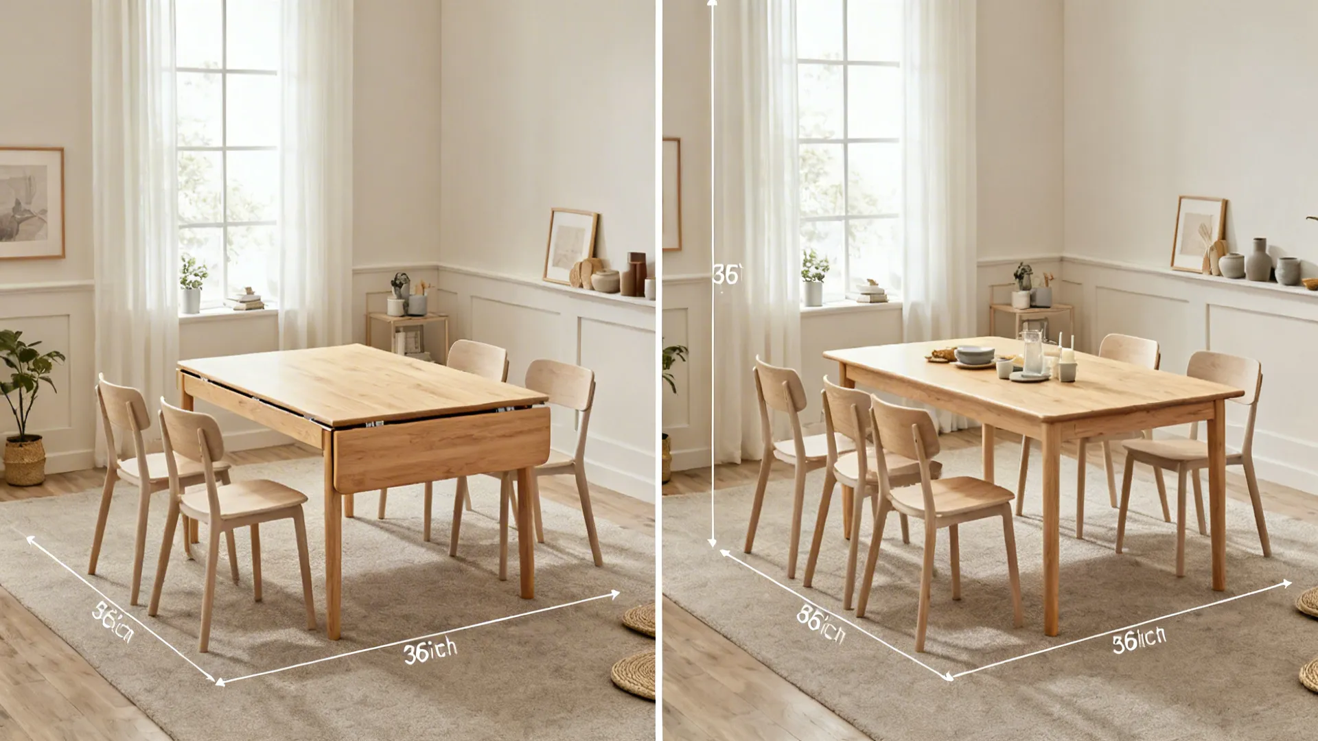 Before and after comparison of a wooden dining table being extended in a bright room